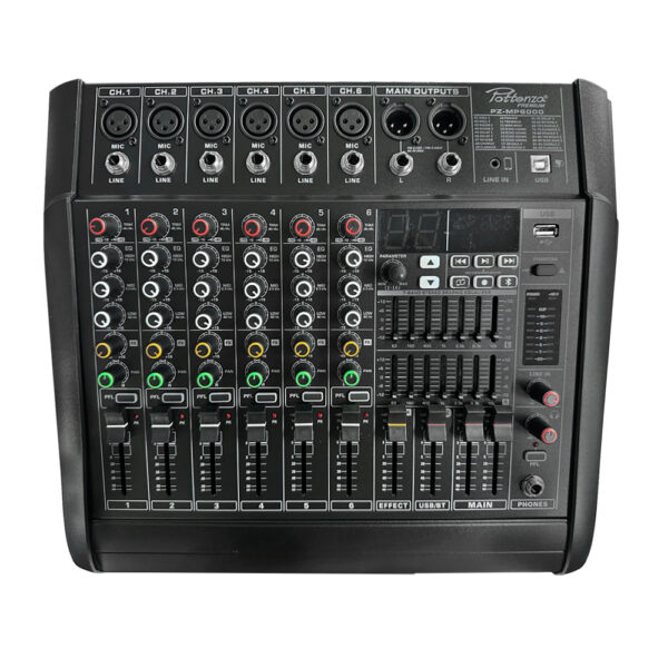 PZ-MP6000BLT(N) CONSOLA 6CH 2X170W C/USB, PHANTOM, BLUETOOTH, DOBLE ECUALIZADOR,INTERFACE PARA PC, AUX IN «POTTENZA»